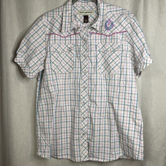 Bit & Bridle Womens Pearl Snap Shirt Large Pink Blue White Plaid Pockets Western - Picture 1 of 8